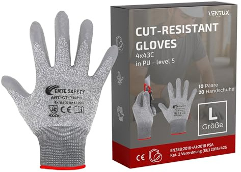 Montagehandschuhe mit Schnittschutz – 5 Paar L | EN 388 Klasse C | PU-Grip | Sicherer Halt auf Trockenen und Leicht Öligen Flächen – Hohe Schnittfestigkeit | Atmungsaktiver Strick | PSA Kat. II