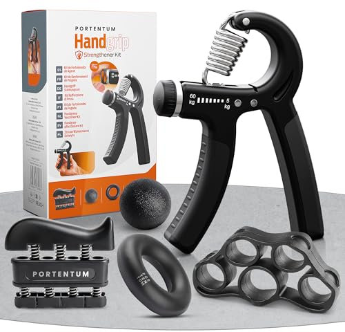 PORTENTUM Hand grip para antebrazo - Paquete de 5 piezas, fortalecedor de agarre de manos ajustable, ejercitador de manos, estiramiento de dedos, anillo y pelota anti estrés