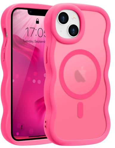 Pepmune Magnetic for iPhone 15 Plus/14 Plus Case [Compatible with Magsafe] Translucent Matte Cute Curly Wave Frame Phone Case,Soft TPU Bumper Slim Shockproof Protective Cover for Men Women-Hot Pink