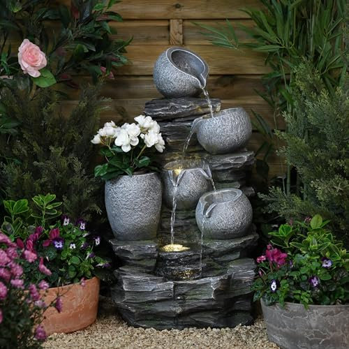 Serenity River Rock Cascading Pots Water Feature with Integrated Planter, LED Lights, Polyresin Construction, 75 x 46 x 43 cm, Tranquil Outdoor/Indoor Fountain