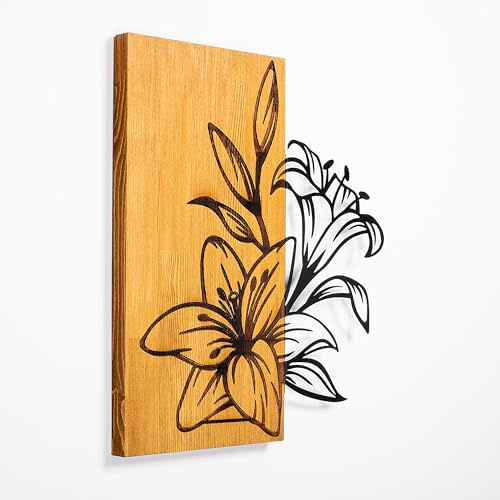Elegantes dekoratives Wandaccessoire aus Holz, 52 x 58 cm, Walnuss & Schwarz | 50% Holz (3 cm) & Metall (1,5 mm) | Einzigartige Textur- und Farbvariationen