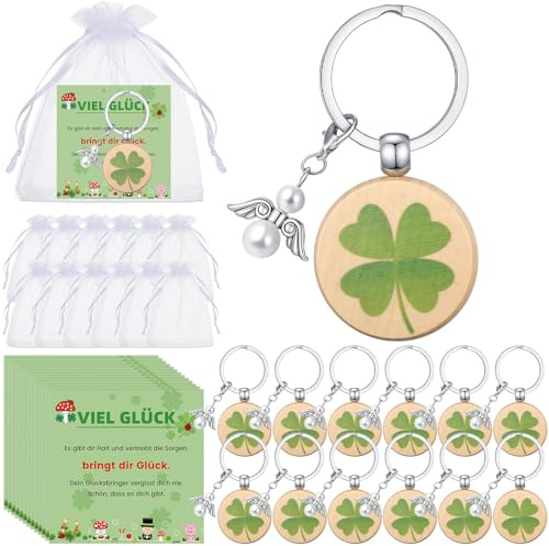 Kasyat 12 Set Glücksgeschenken Umfasst 12 Glücksbringer Schlüsselanhänger 12 Engel Schlüsselanhänger 12 Grußkarte und 12 Weiße Organza Säckchen mit Kordelzug(Vierblättriges Kleeblatt)