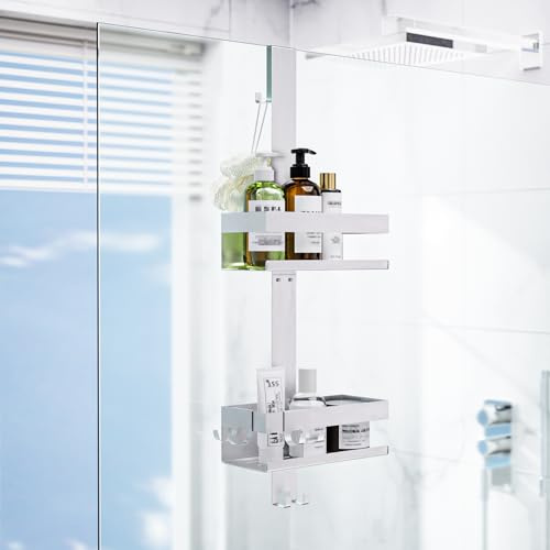SAMODRA Hanging Shower Caddy Over Glass Door, No Drilling Bathroom Shelf Storage Shower Organiser, Stainless Steel Shelves (Silver)