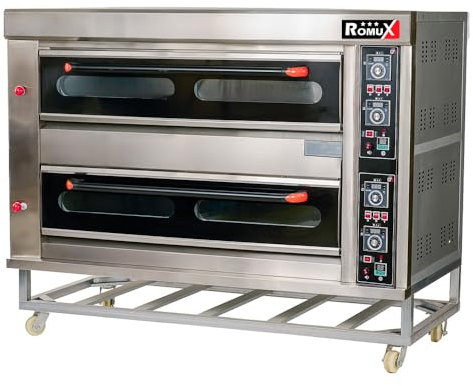 Romux® Forno per pizza industriale doppio elettrico 8+8x32 cm con pavimento in ceramica refrattaria e termostato di qualità | Temperatura max 400°C - 13200W | Forno professionale per bar e ristoranti