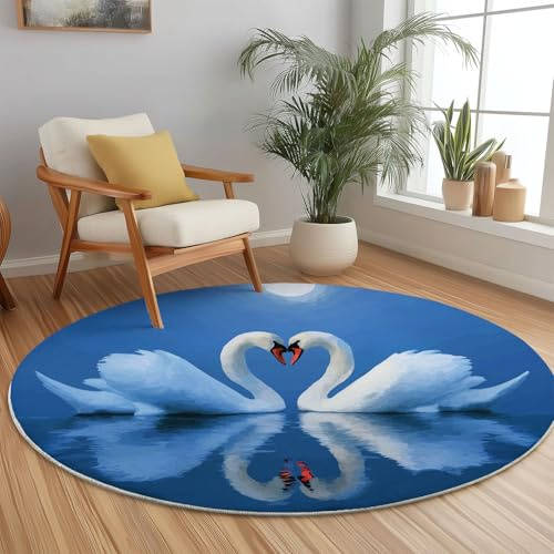Round Area Rugs Animal Minimalist White Swan Pattern Circle Carpet Floor Mats, 180 cm Soft Machine Washable Rug, Blue Low-Pile Resistant Thin Rug for Living Room Coffee Dining Room
