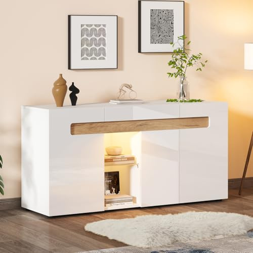 OLIVIBED Modernes 3-türiges Sideboard, Hochglanz Kommode mit LED und Glasboden, Griffloses Design, Wohnzimmerschrank mit Stauraum, für Küche, Esszimmer, Wohnzimmer, 140x40x70cm, Weiß
