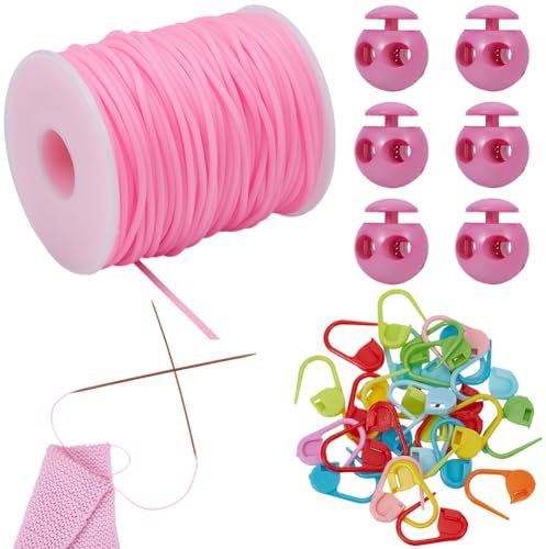 SUNNYCLUE 30 Strickmaschenmarkierer 50 m/54.68 Yards Hohlrohr Gummischnur 6 Kordelstopper Aus Kunststoff Rosa Häkelmaschenmarkierer Halter Kordelstopper Set Für Strick Und Bastelprojekte