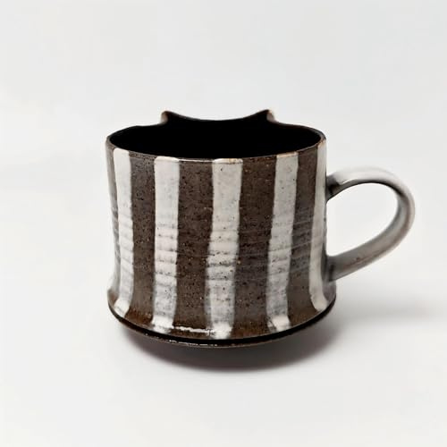 Cat Mug, Handmade Stoneware Coffee Mug 250ml, Unique Ceramic Cup with Cute Cat Ear Design for Espresso & Tea, Creative Cat Gifts for Women/Lovers (Black/White Striped)