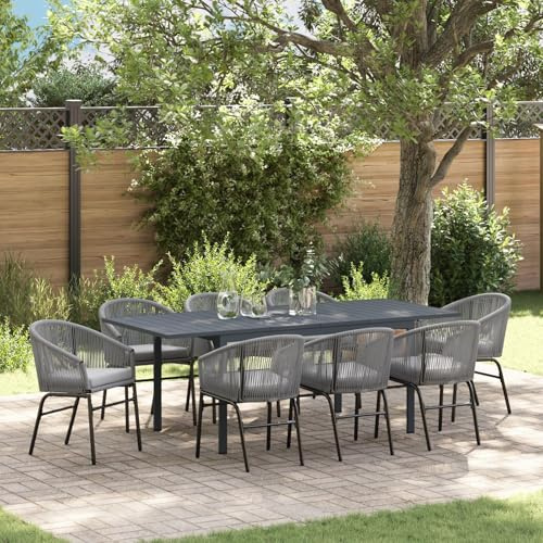 SKTQYQO 10-teiliges Gartenmöbel-Set mit ausziehbarem Tisch aus Stahl und grauen Kissen aus Polyrattan, modern und wetterfest für Außenbereiche