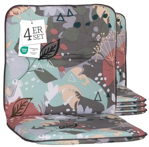 Beo Niedriglehner Gartenstuhlauflage Bali - 4er Set - 47x44x52 cm - Waschbar - Atmungsaktives Gartenstuhlkissen - Baumwolle & Extra Dickes Polster - UV-beständig, Oeko-TEX Zertifiziert - Eger