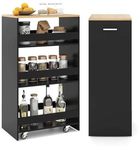 COSTWAY Nischenwagen 30cm breit, 4 Etagen, Schwarz, 47,5 x 30 x 80,5 cm | Küchenwagen schmal, Nischenregal auf Rollen, Servierwagen mit Griff & Geländern, Badregal Holz, für Küche, Badezimmer