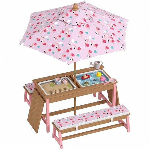 AIYAPLAY Table Pique-Nique Enfant avec bancs, Salon de Jardin extérieur Enfant avec Coussins, Parasol Pliable, boîtes de Rangement Amovibles, Motif à Flamant, pour Jardin, pelouse, Camping, Rose
