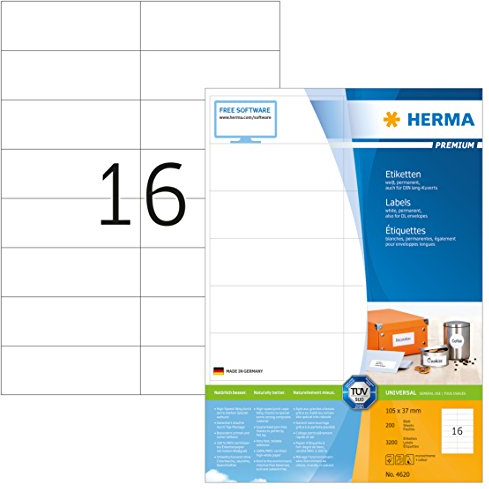 HERMA 4620 Adressetiketten, 200 Blatt, 105 x 37 mm, 16 pro A4 Bogen, 3200 Stück, selbstklebend, bedruckbar, matt, blanko Papier Adressaufkleber Etiketten, weiß