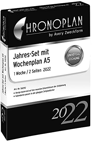 Chronoplan 50292 Kalendereinlage 2022, Jahres-Set A5 mit Wochenplan (148x210mm), Ersatzkalendarium, ideal für professionelle Wochenplanung, mit Uhrzeit, Multilochung (1 Woche auf 2 Seiten), weiß