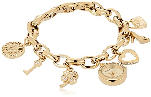 Anne Klein Damen-Armbanduhr mit Premium-Kristallakzent und goldfarbenem Charm, 10/7604CHRM