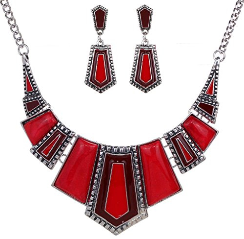 YAZILIND Schmuck-Set mit Halskette und Ohrringen, Vintage-Stil, ethnisch (Rot)