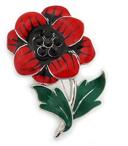 Broche en forme de coquelicot en émail rouge/noir/vert avec cristaux - broche de couleur argentée, 45 mm
