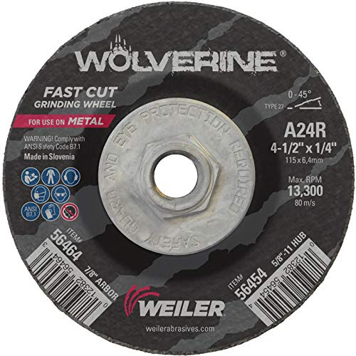 Weiler 56454 4-1/2 x 1/4 Wolverine Type 27 Grinding Wheel, A24R, 5/8-11 UNC Nut (Pack of 10)