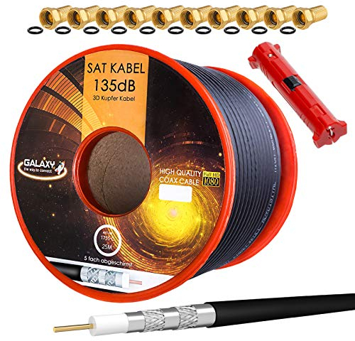 HB-Digital Set 25m Koaxial SAT Kabel 135db Schwarz + 10x F-Stecker vergoldet + 1x Abisolierer | CU Reines Kupfer Satellit Antennenkabel 5-Fach geschirmt für DVB-S/S2 -C/C2 -T/T2 DAB+ Radio Anlagen