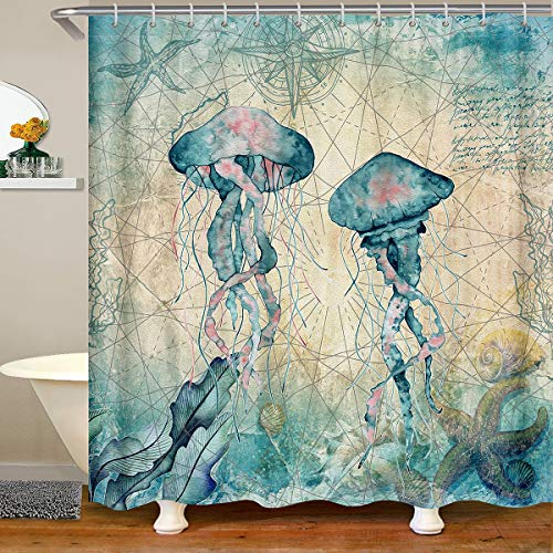 Qualle Wasserdichtes Duschvorhang Textil Ozean Meerlife Stoff Duschvorhang 180x200 Aquatic Tier Digitaldruck Seegras Seestern Vintage Dekor