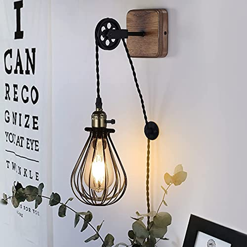 Applique da Parete Gabbia Spina Industriale, Lampada da Parete Led Vintage Sospesa Rustica Nera con Base Legno, Interruttore Levetta Lampade Muro Decorazione per Soggiorno Camera da Letto Ristorante