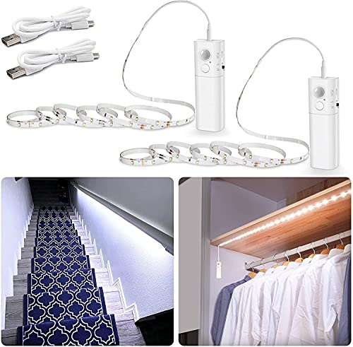 WOBANE LED Band mit Bewegungsmelder,2x2m Wiederaufladbar Kleiderschrank Beleuchtung,Weiß LED Sensor Licht Schrankleuchten für Treppe,Bett,6000K,2 pack