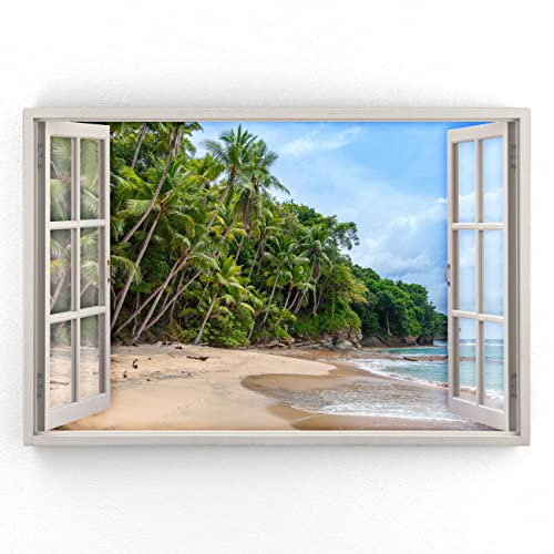 Estika - Leinwand Bilder Fensterblick - Meer, Palme - 120x80 cm - 1 teilige Wandbilder, Bild auf Leinwand, Modern Deko für wohnzimmer schlafzimmer - Natur Landschafts bilder - 5964A_1B