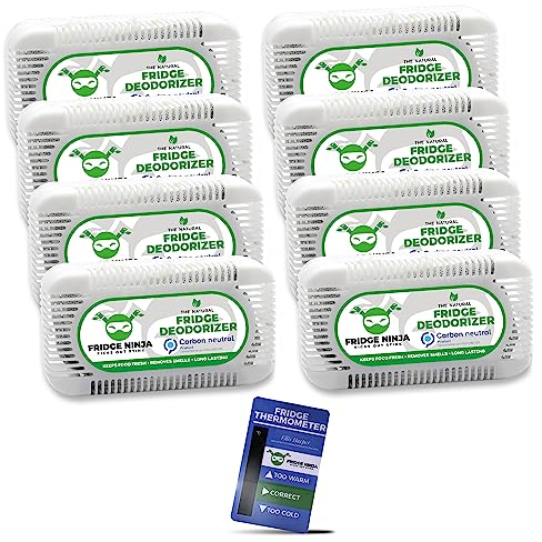 Ellis Harper Natural Fridge Fresheners - Lasts 12 Months - Unscented Charcoal Fridge Deodoriser and Freshener, Including Fridge Thermometer - Also for Lunch Bags and Cool Boxes (Pack of 8)