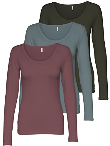 ONLY 3er Pack Damen Langarmshirt schwarz und weiß Langarm Basic Longsleeve Sommer aus 95% Baumwolle XS S M L XL 15209156 (3er Pack Farb Mix 5, S)