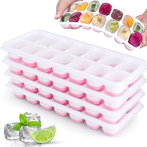 JRISBO 4 Pezzi Stampo Cubetti di Ghiaccio con Coperchio, Formine Cubi Ghiaccio Silicone 100% Senza BPA Certificato LFGB, Impilabili Vaschette Ghiaccio per Cocktail, Facili da Rilascio