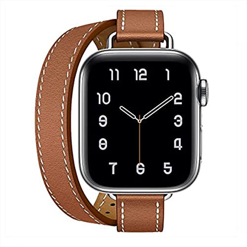 Kompatibel mit Apple Watch Armband 38mm 40mm 41mm 42mm(Serie 10),Echtes Leder Damen Double Tour Slim Armband für iWatch Ultra 2 Serie 10/9/8/7/6/5/4/3/SE(38/40/41/42mm,Gold)
