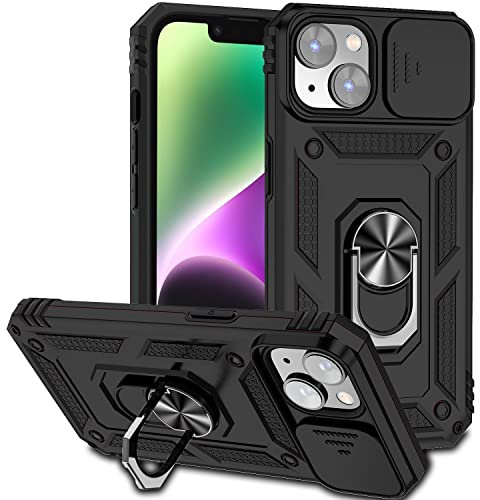 Hitaoyou iPhone 14 Case with Camera Cover & Kickstand, Military Grade Shockproof Heavy Duty Protective Magnetic Case for iPhone 14 6.1'' inch Black