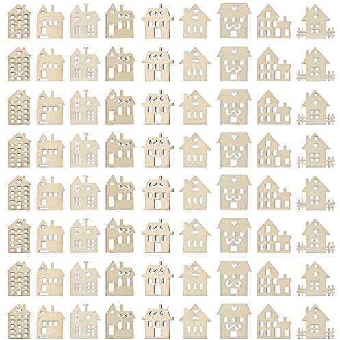 Toddmomy Kids Playsets 100pcs Wooden House Shaped Embellishments Hanging Ornaments, Unfinished Wooden Houses Cutouts Ornaments for Painting, Craft Art Projects DIY Kits