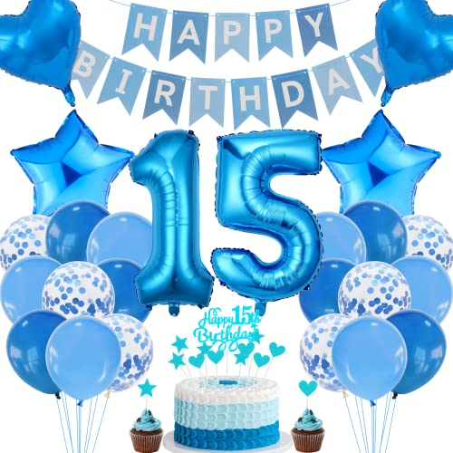 Cnrose 15. Geburtstag Dekoration, Blau Tortendeko 15 Jahre, Party Deko Blau, Tortendeko für Jungen und Mädchen