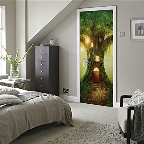 Selbstklebende 3D Tür Wandbilder aufkleber Grünes Baumhaus Diy Home Design Sonderanfertigung Tapete B100 x H200cm