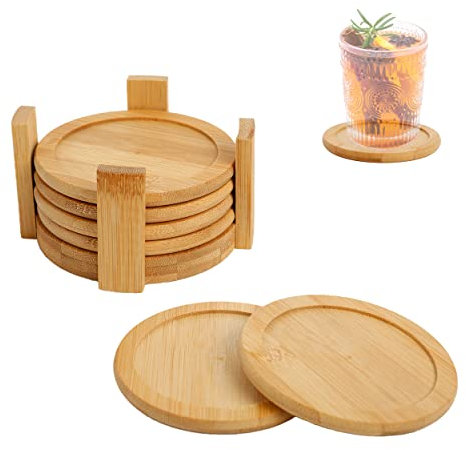 Juego de 6 Posavasos de Bambú Natural Antideslizante Redondos con Caja de Bambú, Set Posavasos para Bebidas, Vasos, Tazas, 10cm, Color Madera