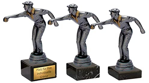 eberin · Boule · Pétanque · Bosseln · Boccia · Pokale · Spieler mit Boulekugel Altsilber/Gold auf Marmorsockel · Pokal in 3 Größen erhältlich · mit oder ohne Gravur · (15,4 cm)