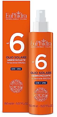EUPHIDRA, Olio Spray Abbronzante SPF 6 Protezione Bassa, Olio Secco Non Unge con Attivatore di Melanina, Vitamina E e Tirosina, Per Pelli Scure o Già Abbronzate, Rapido Assorbimento