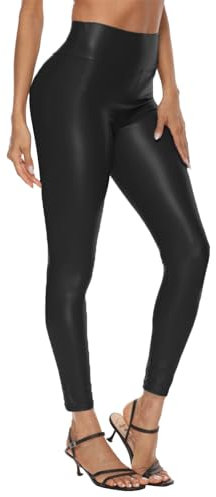 Zhiaek Leggings Cuero Negro Mujer Leggins Polipiel Pantalón Elásticos Cintura Alta Color Negro Mate