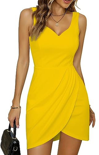 Missufe Robe de cocktail/d'été pour femme, élégante, enveloppante, festive, style vintage, adaptée pour fête (jaune clair, taille L)