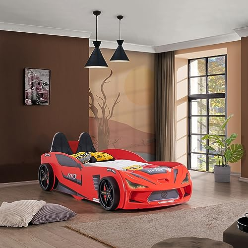 Aileenstore Autobett Kinder Kinderbett Rio 90x200 Rennwagenbett inkl. Lattenrost LED-Leuchte Spoiler (inkl. Ortho wendbar Matratze H2+H3, Rot inkl. Sportsitze)