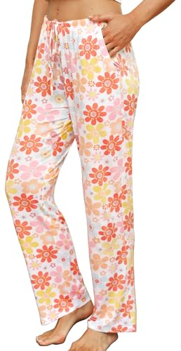ENJOYNIGHT Damen Schlafanzughose Lang Baumwolle Pyjamahose Print Schlafhose Freizeithose mit Taschen und Kordelzug (Small,Rosa Blume)