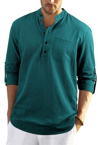 Enlision Mens Cotton Linen Shirt Long Sleeve Button Down Summer Forest Green Henley Shirts Casual Business Shirt Tops XL