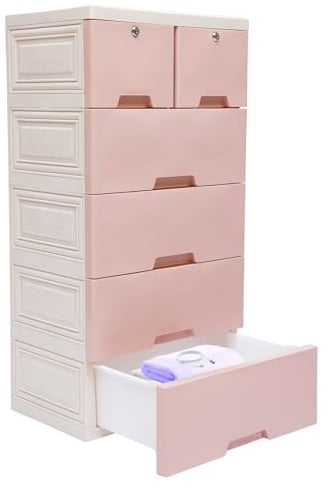 HauTour Cassettiera con 6 cassetti, in plastica, per camera da letto, soggiorno, cameretta dei bambini, corridoio, 50 x 35 x 102 cm (rosa)