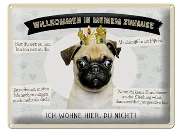Blechschild 40 x 30 cm Hunde Schild Mops: Willkommen in meinem Zuhause ! - DekoNo7