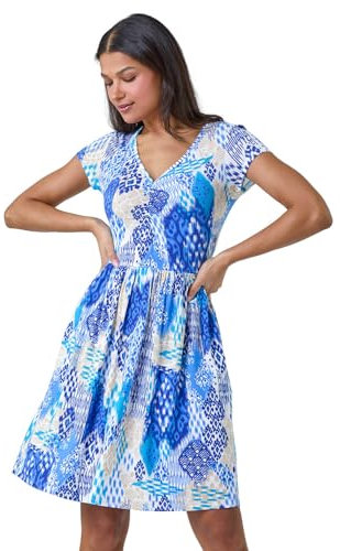 Roman Stretchy Dress for Women UK Ladies Pockets Gathered Waist Ruched Chest Midi Holiday Spring Summer V Neckline Evening Vacation Work Party Going Out Soft - Blue White - Size 18