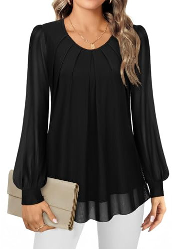 Gemulate Chiffon Blouses Women Plus Size Black Long Sleeve Tops Ladies Evening Tops Wedding Guest - Black, XL