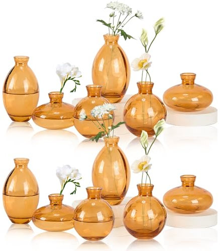 SAWOAKE Lot de 6 petits vases à bourgeons en verre en vrac, mini vases à fleurs pour centres de table, décorations de table, décoration de mariage, réception, maison, (transparent) (12, ambre)