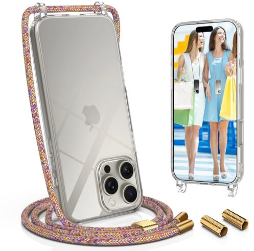 UYMO Handykette Hülle mit Band Für iPhone 16 Pro, Necklace Transparent Handyhülle Case mit Schnur Abnehmbar, Schutzhülle zum Umhängen Kordel, Regenbogen