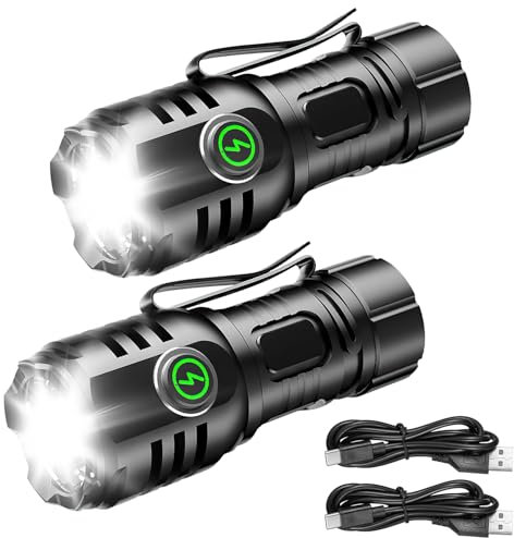Mucek Taschenlampe Kleine LED Aufladbar 6000 Lumen, 2 Stück Mini LED Taschenlampe Extrem Hell mit 8 Lichtmodi und 4*Starke Lampenperlen, Wasserdicht für Camping, Outdoor, Wandern, Notfäll